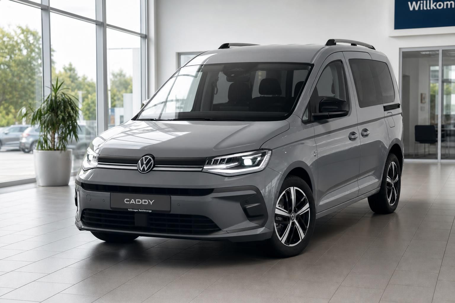 VW Caddy grau Frontansicht im Autohaus Showroom