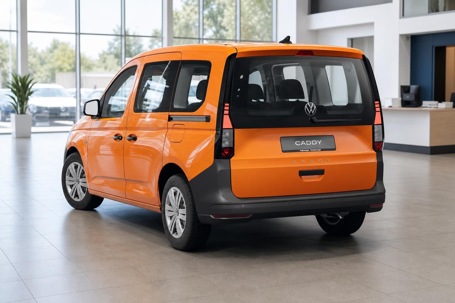 VW Caddy orange Heckansicht schraeg im Showroom