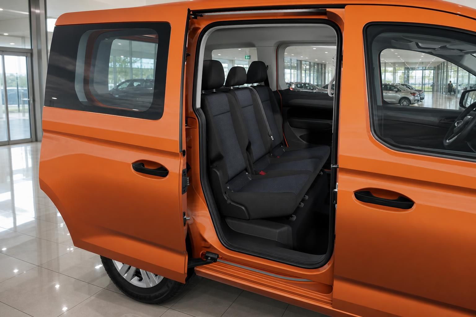 VW Caddy orange mit geoeffneter Schiebetuer und Blick auf Rueckbank im Autohaus