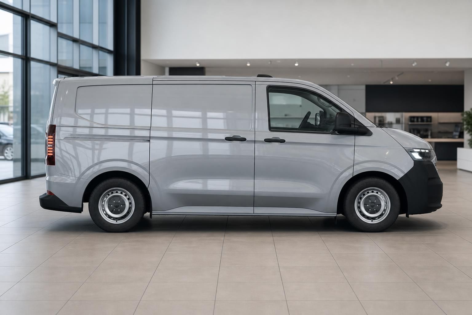 VW e-Transporter Kastenwagen in Silber, Seitenansicht im Autohaus
