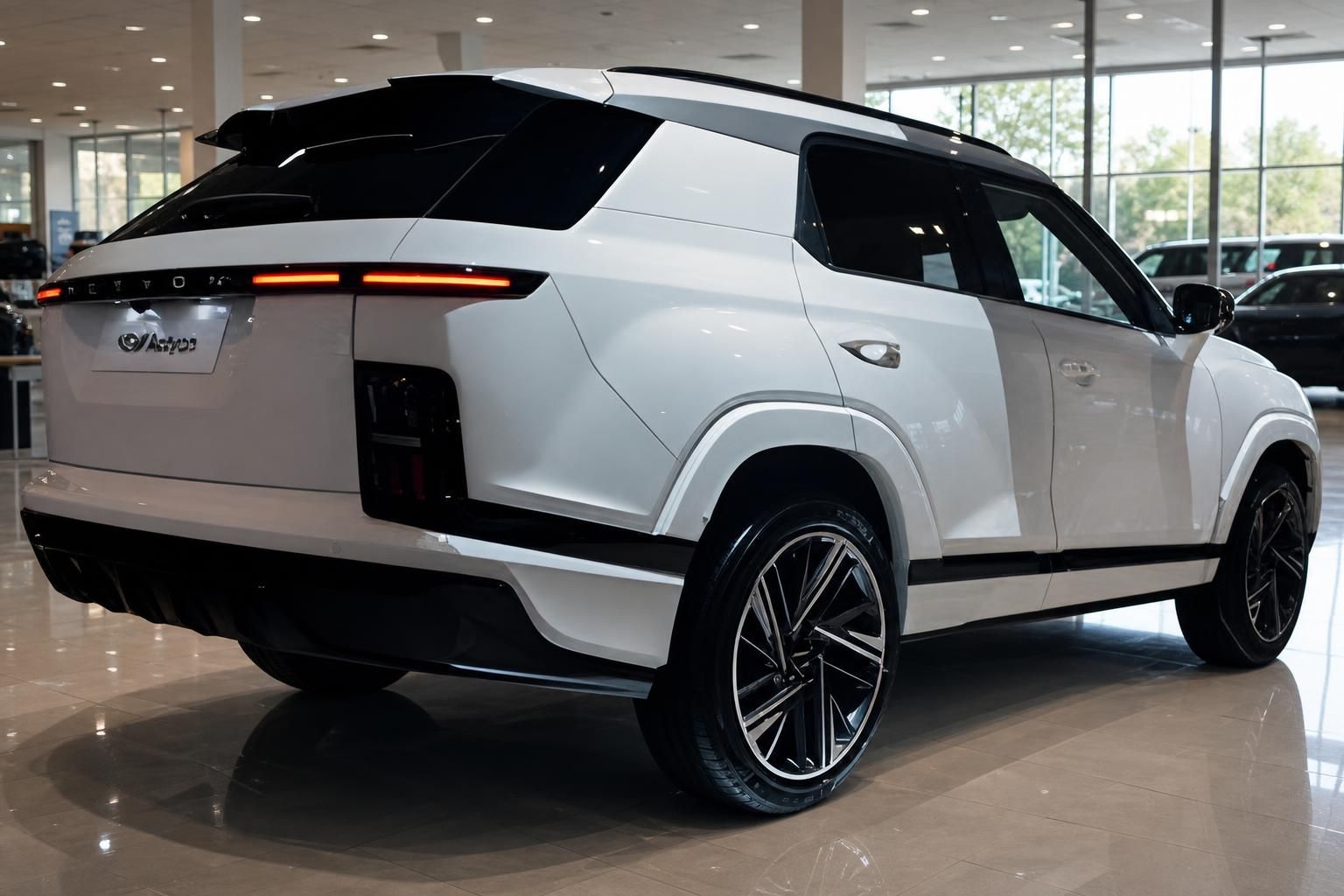 Weißer SUV Heckansicht im Autohaus – moderne LED-Rückleuchten und schwarze Felgen