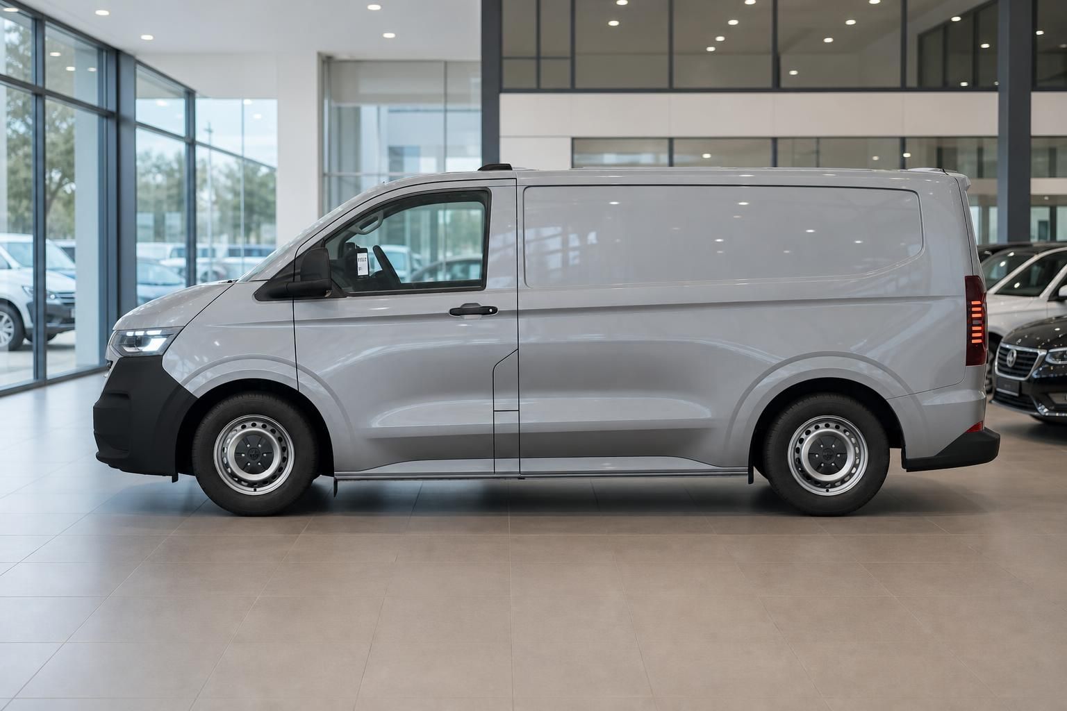 VW Transporter Kastenwagen silber Seitenansicht in Ausstellung