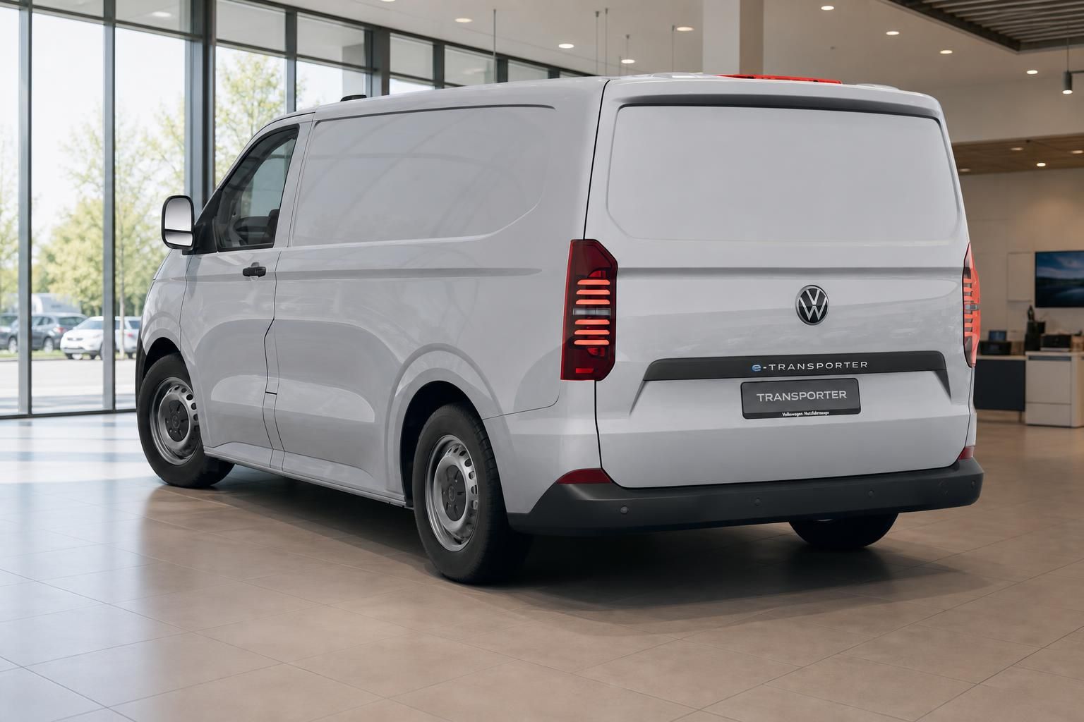 VW e-Transporter weiß Heckansicht im Autohaus