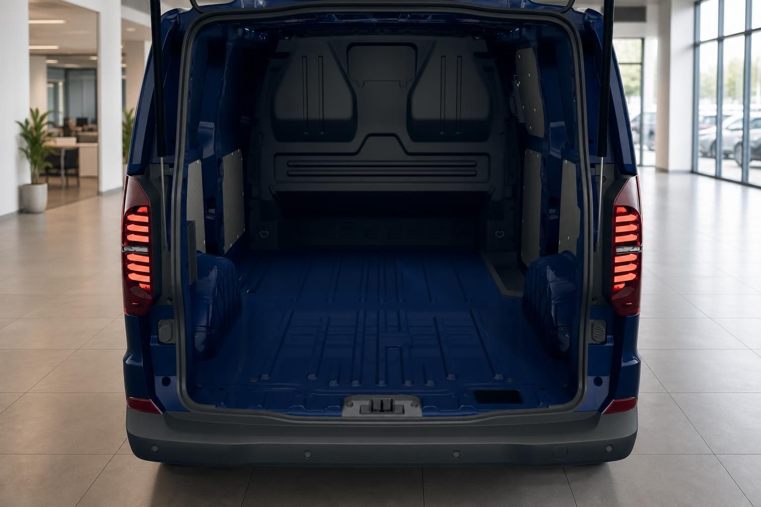 VW Transporter blau Laderaum durch geöffnete Hecktüren