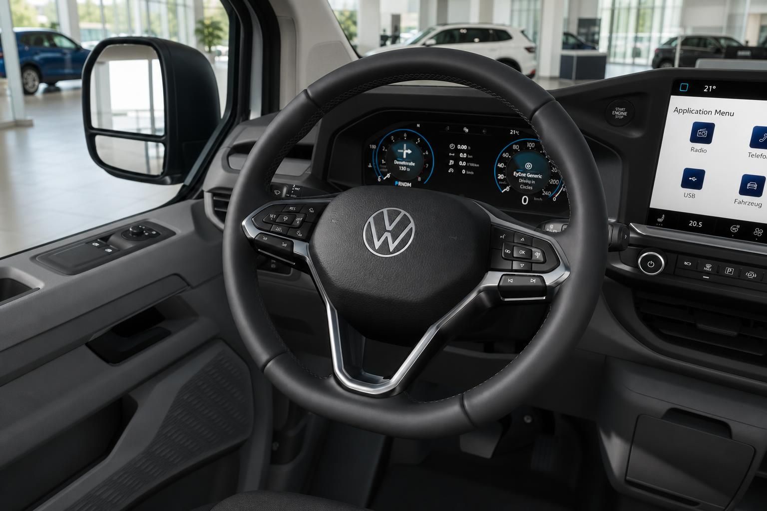 VW Transporter Cockpit mit Lenkrad und digitalem Kombiinstrument