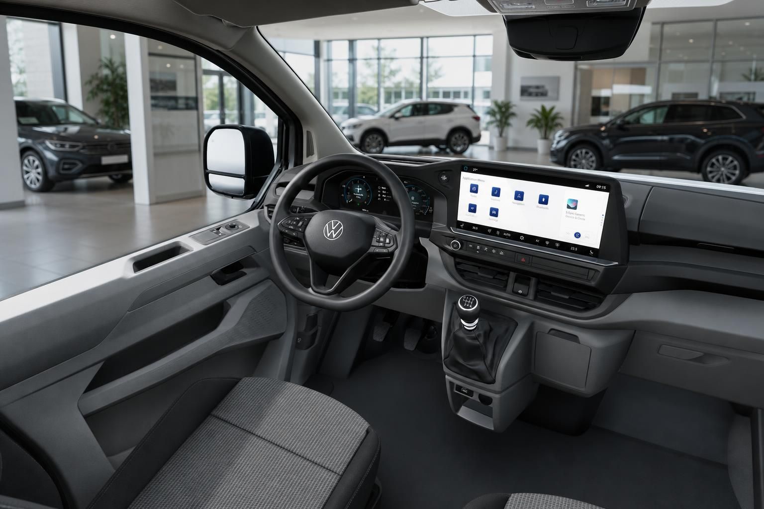 Cockpit mit Lenkrad und Touchscreen im VW Transporter