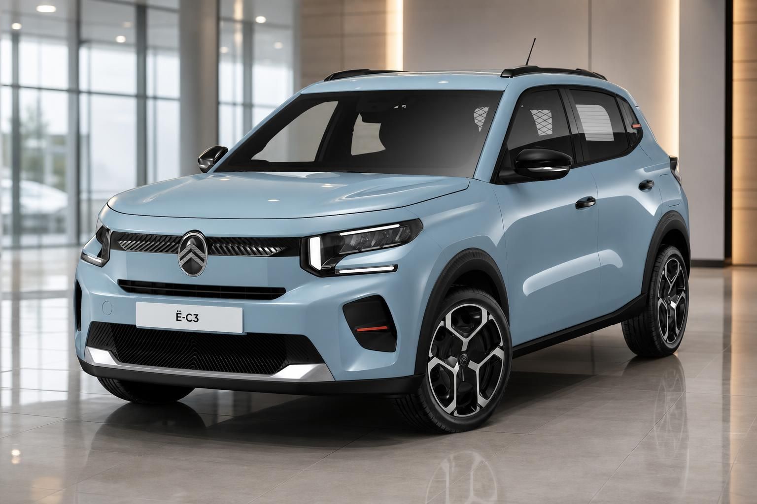 Citroën ë-C3 in Blau, Frontansicht schräg im Showroom