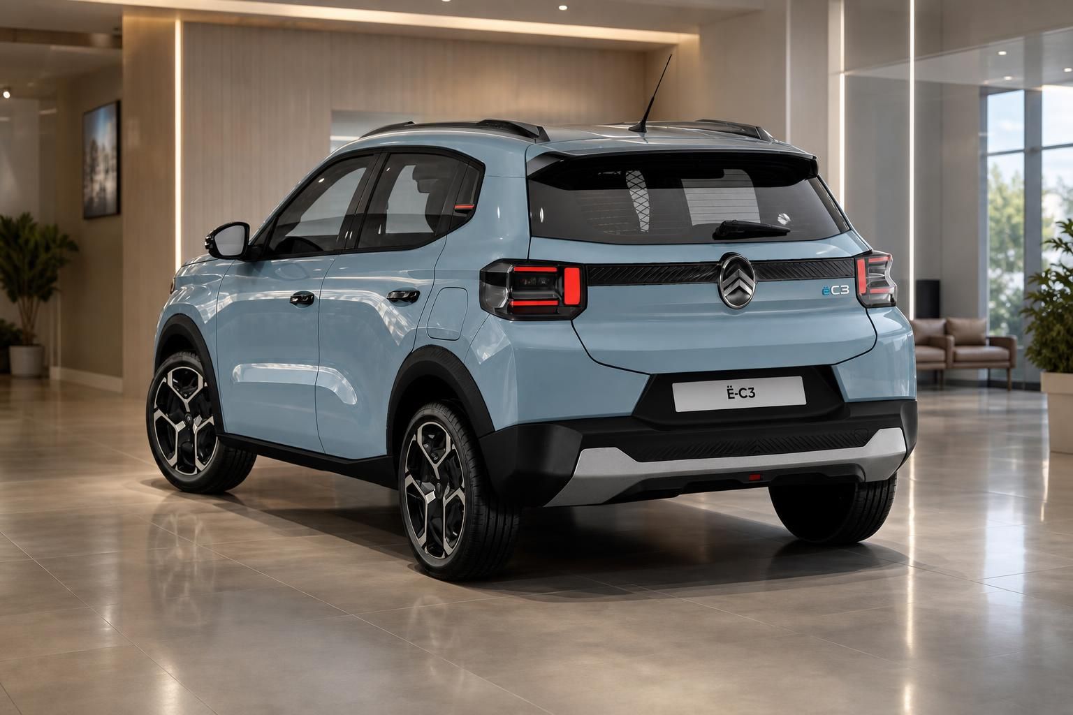 Citroen ë-C3 in Hellblau, Heckansicht in modernem Autohaus