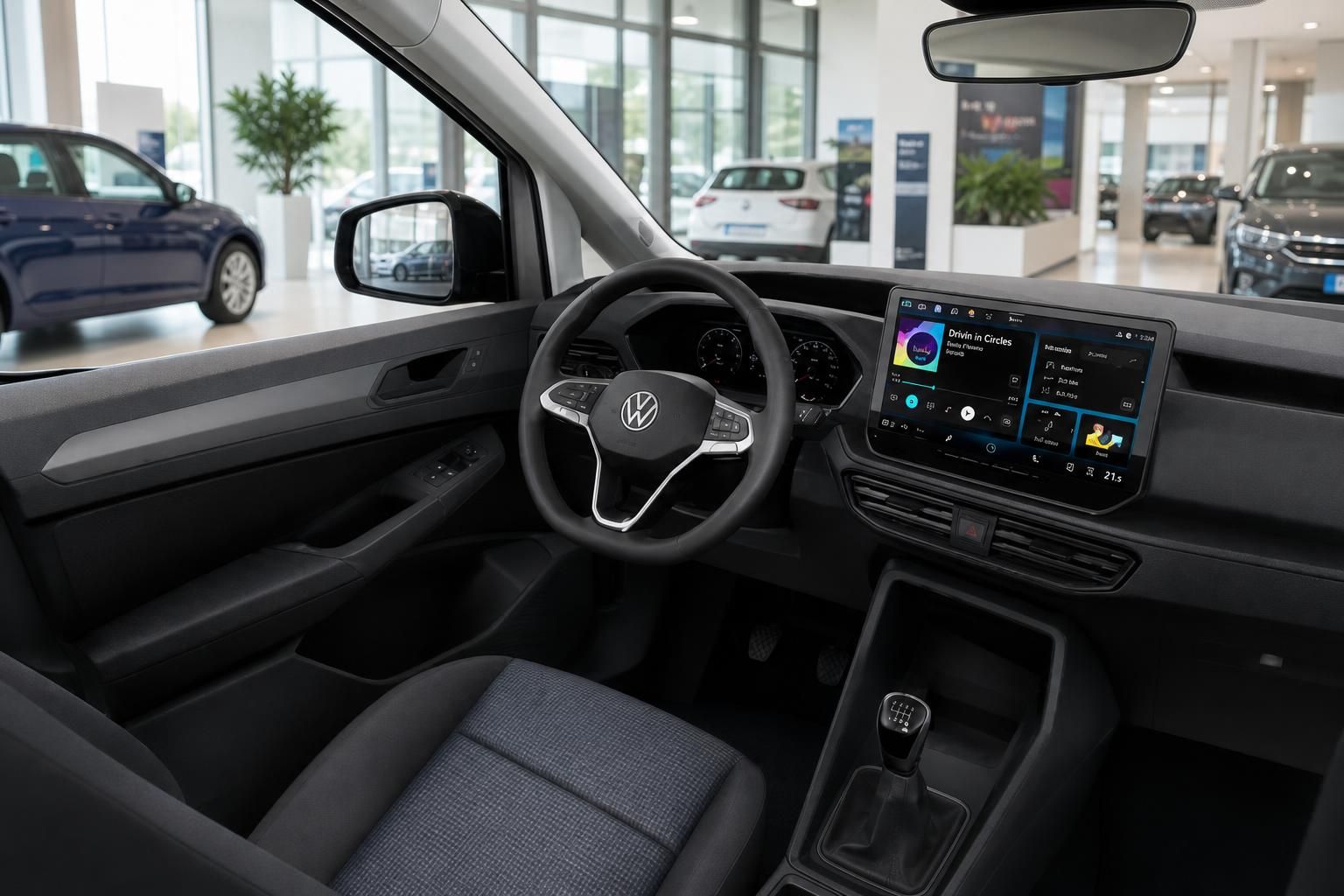 Cockpit VW Nutzfahrzeug mit Lenkrad und Infotainment Display