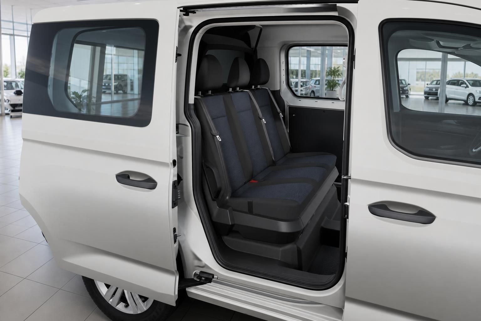 VW Van Schiebetuer geoeffnet mit Blick auf Rueckbank Sitze
