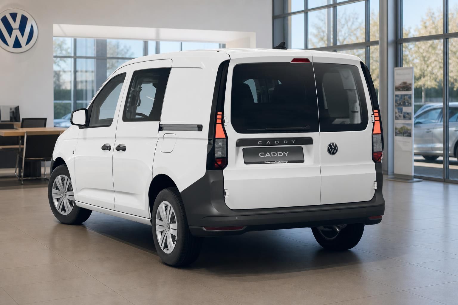 VW Caddy weiß Heckansicht im Autohaus, Kastenwagen mit Anhängerkupplung