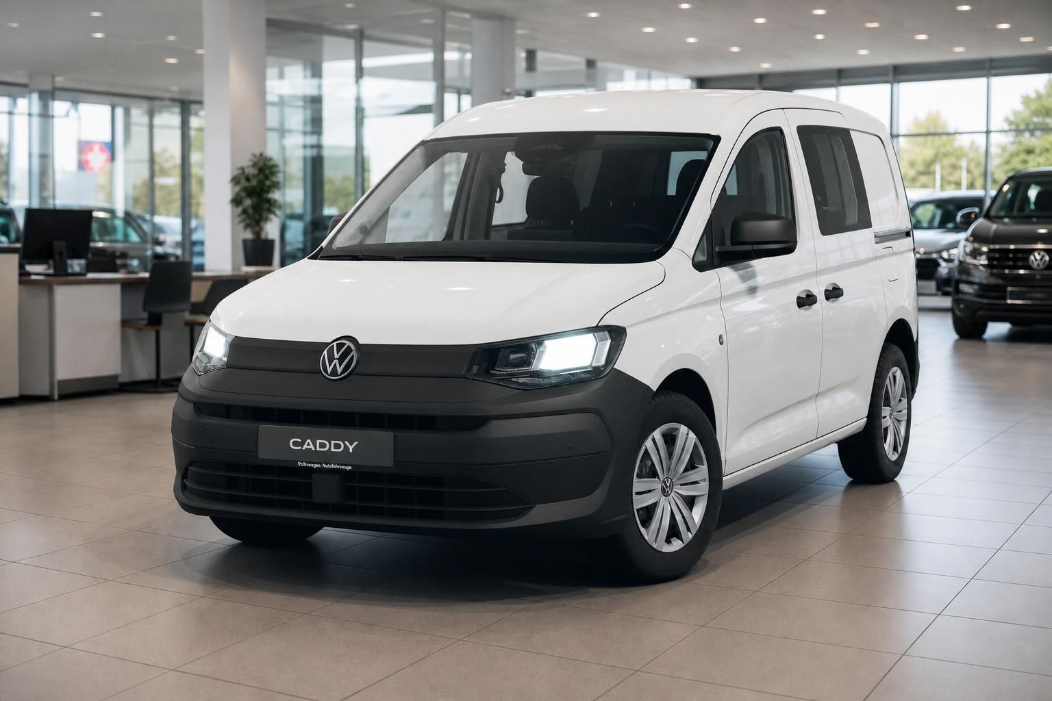 VW Caddy weiß Frontansicht mit LED-Scheinwerfern im Showroom