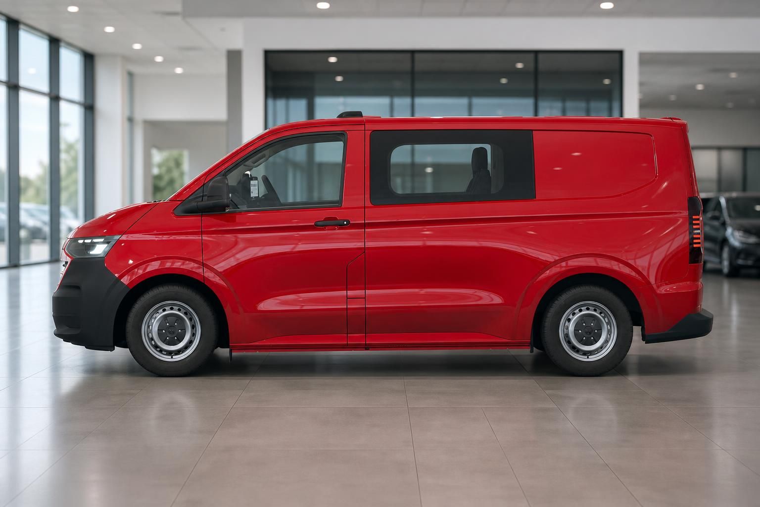 VW Transporter rot, Seitenansicht im Autohaus Showroom