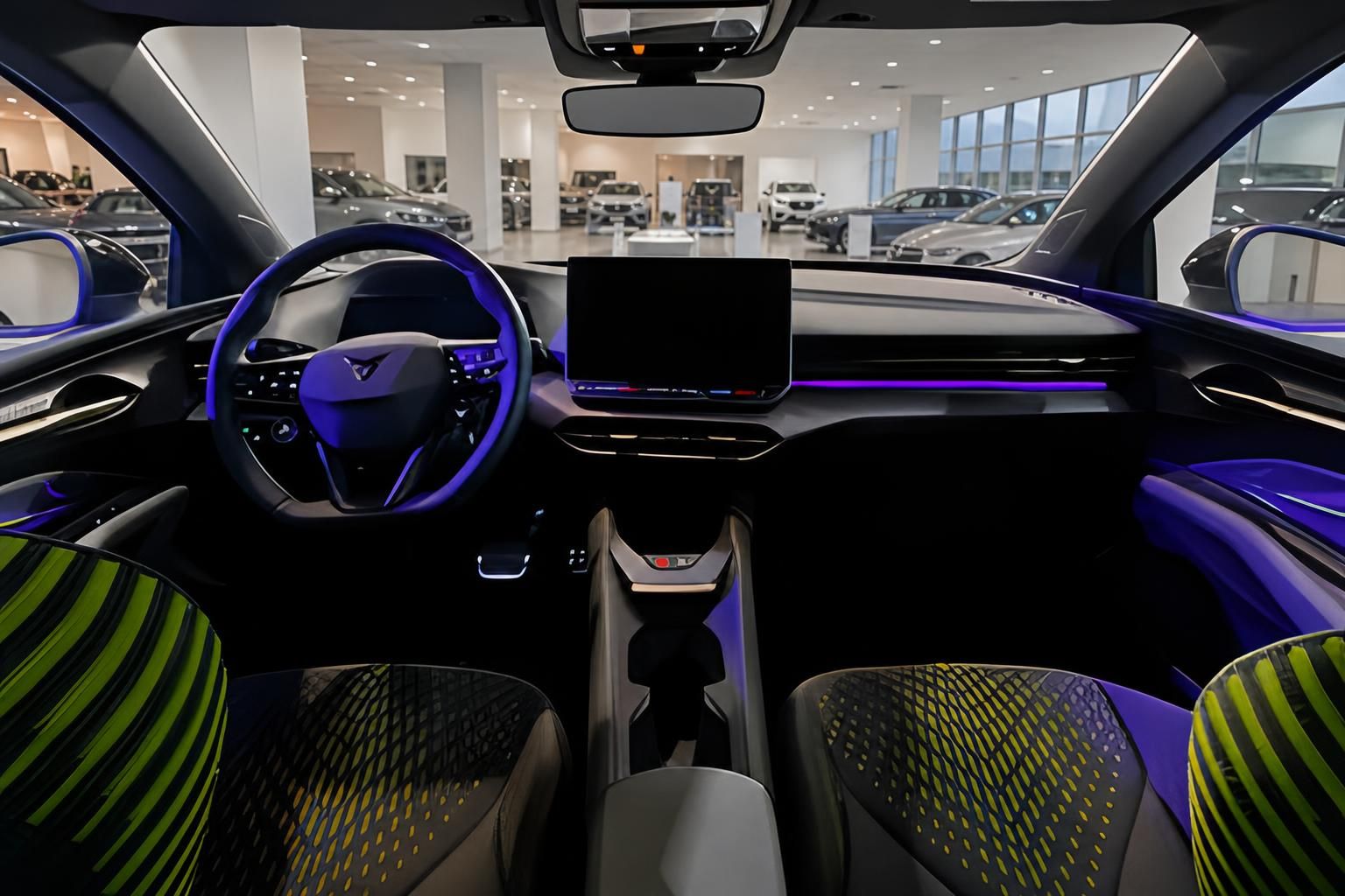 Cupra Innenraum mit Cockpit, Lenkrad und Sportsitzen im Autohaus
