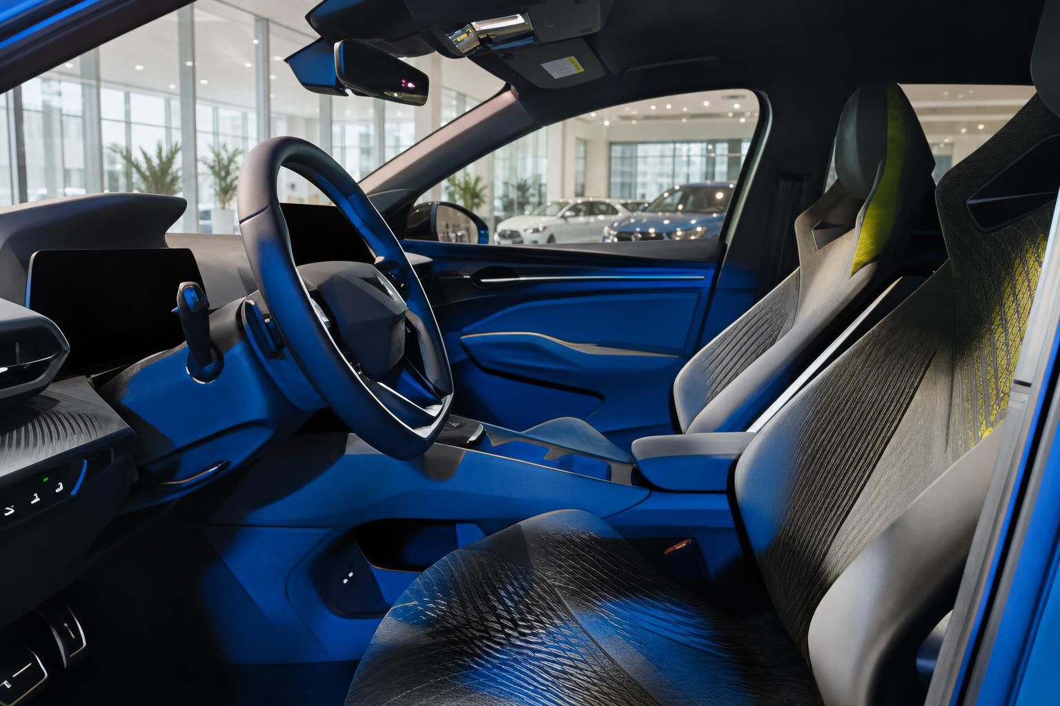 Fahrzeuginnenraum mit blauem Armaturenbrett und Sportsitzen Detailansicht
