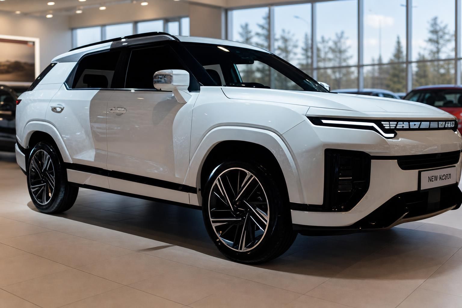 SsangYong New Korando weißer SUV Frontschräge im Autohaus mit LED-Scheinwerfern und Panoramadach