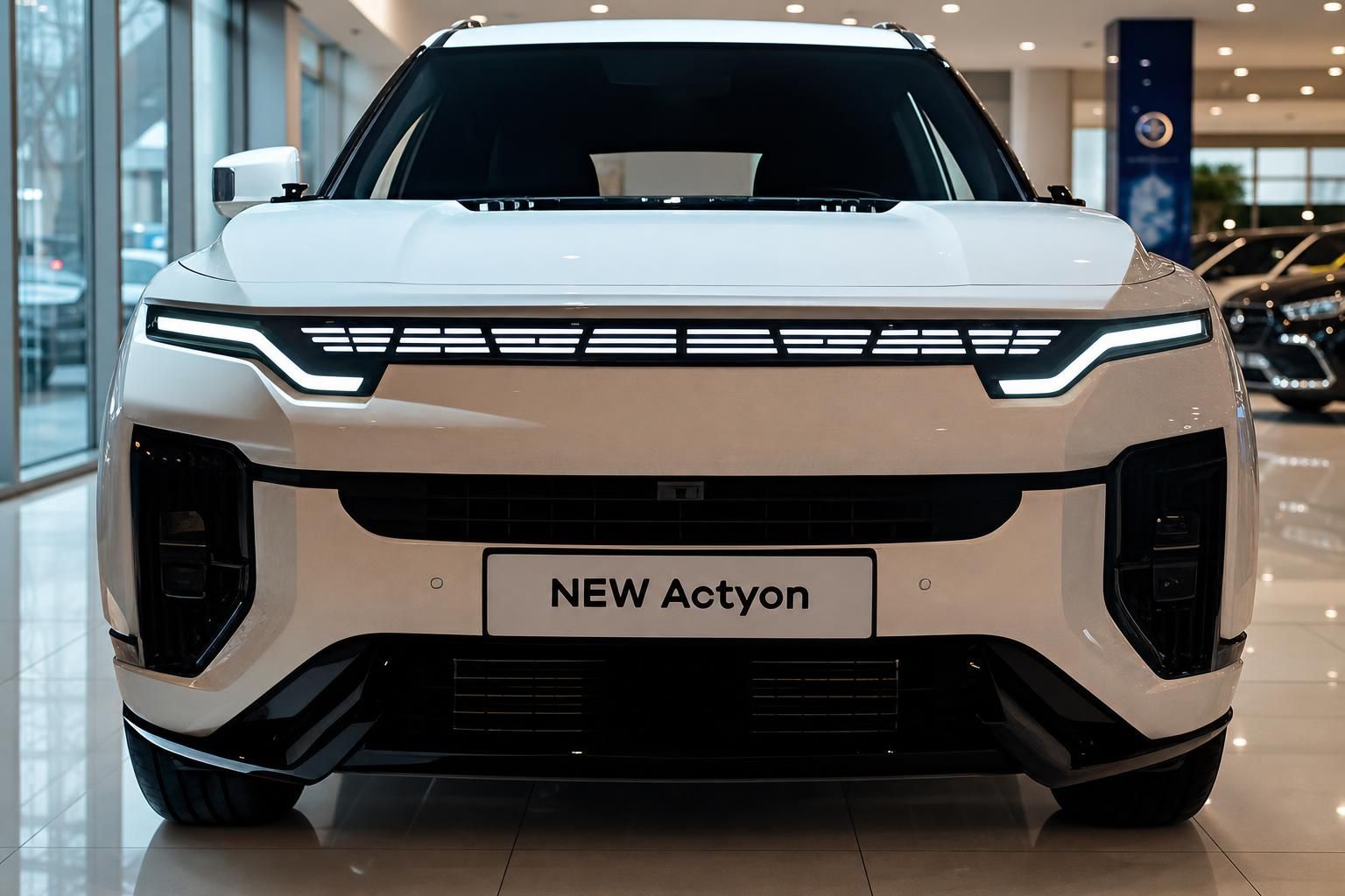 SsangYong New Actyon weißer SUV Frontansicht im Autohaus mit LED-Lichtleiste und modernem Kühlergrill