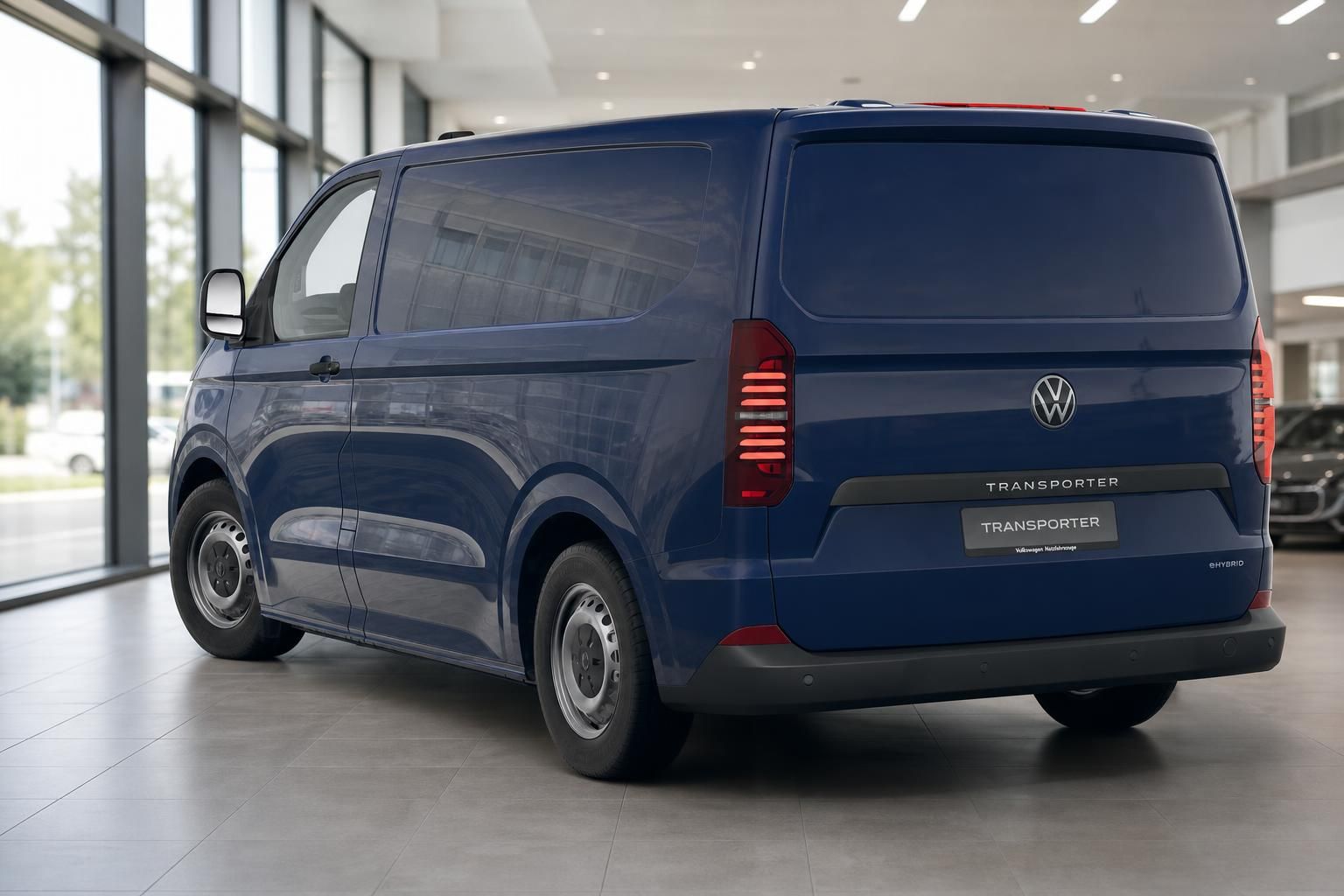 VW Transporter eHybrid blau Heckansicht mit Logo und Modellschriftzug