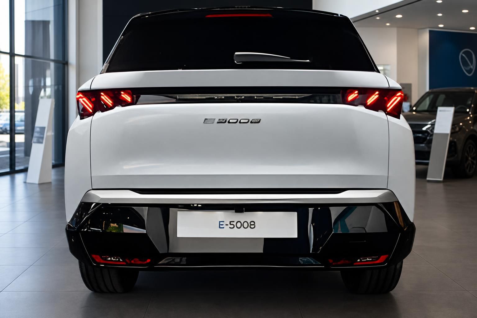 Peugeot E-5008 in Weiss, Heckansicht im Autohaus mit LED-Rueckleuchten