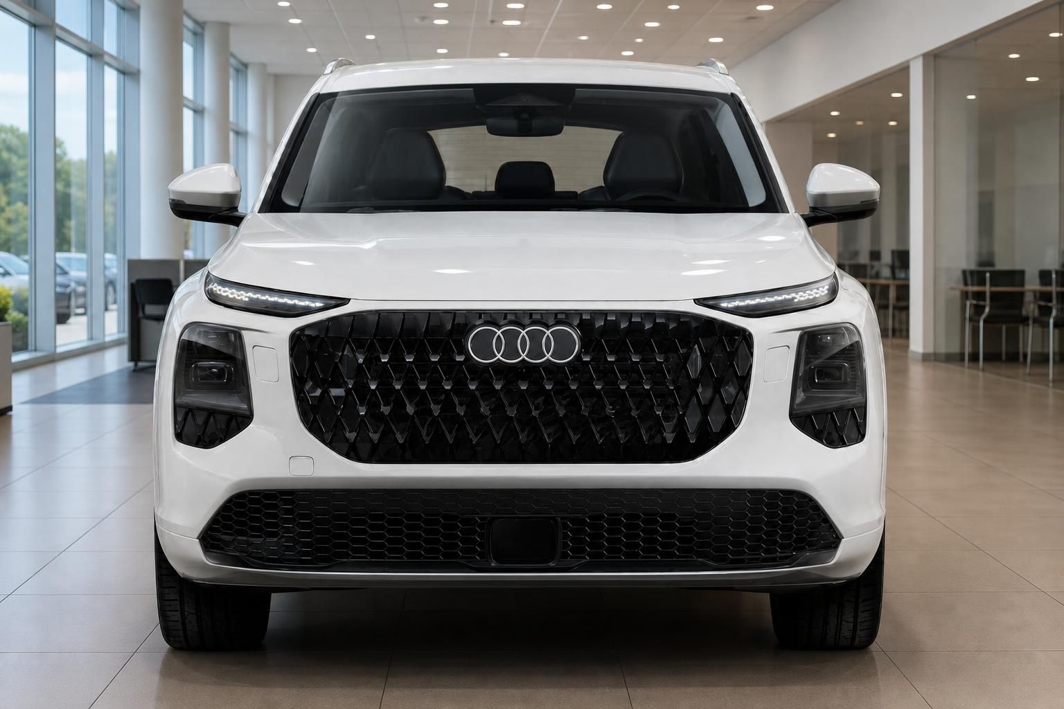 Audi SUV Frontansicht mit markantem Kühlergrill im Showroom