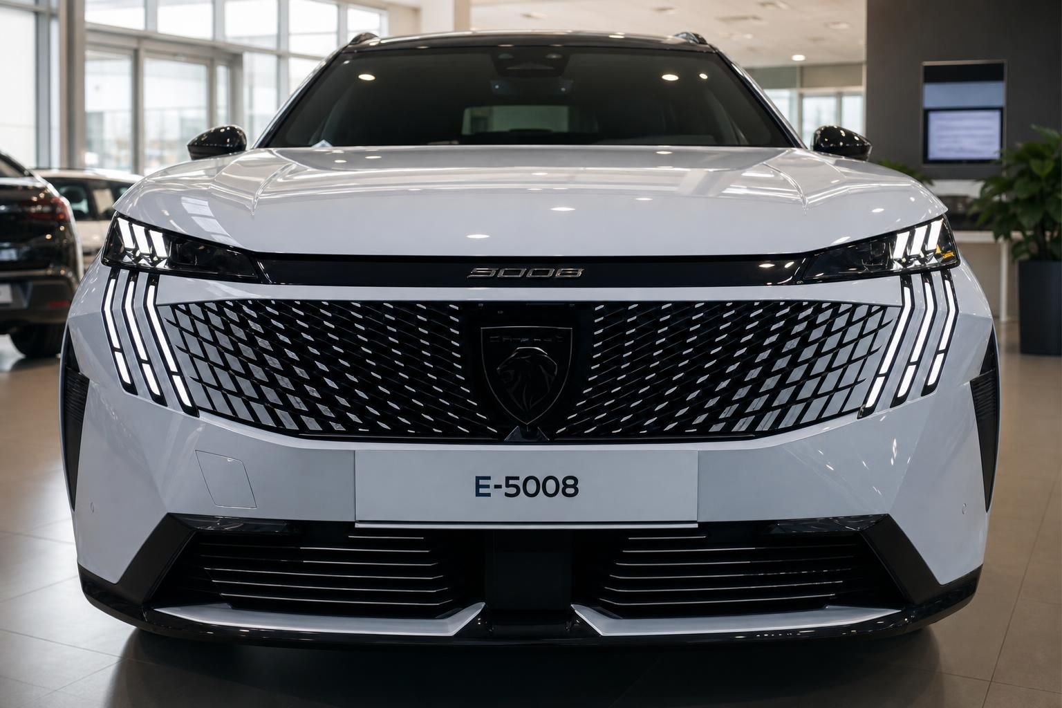 Peugeot E-5008 Frontansicht mit Kühlergrill und LED-Scheinwerfern