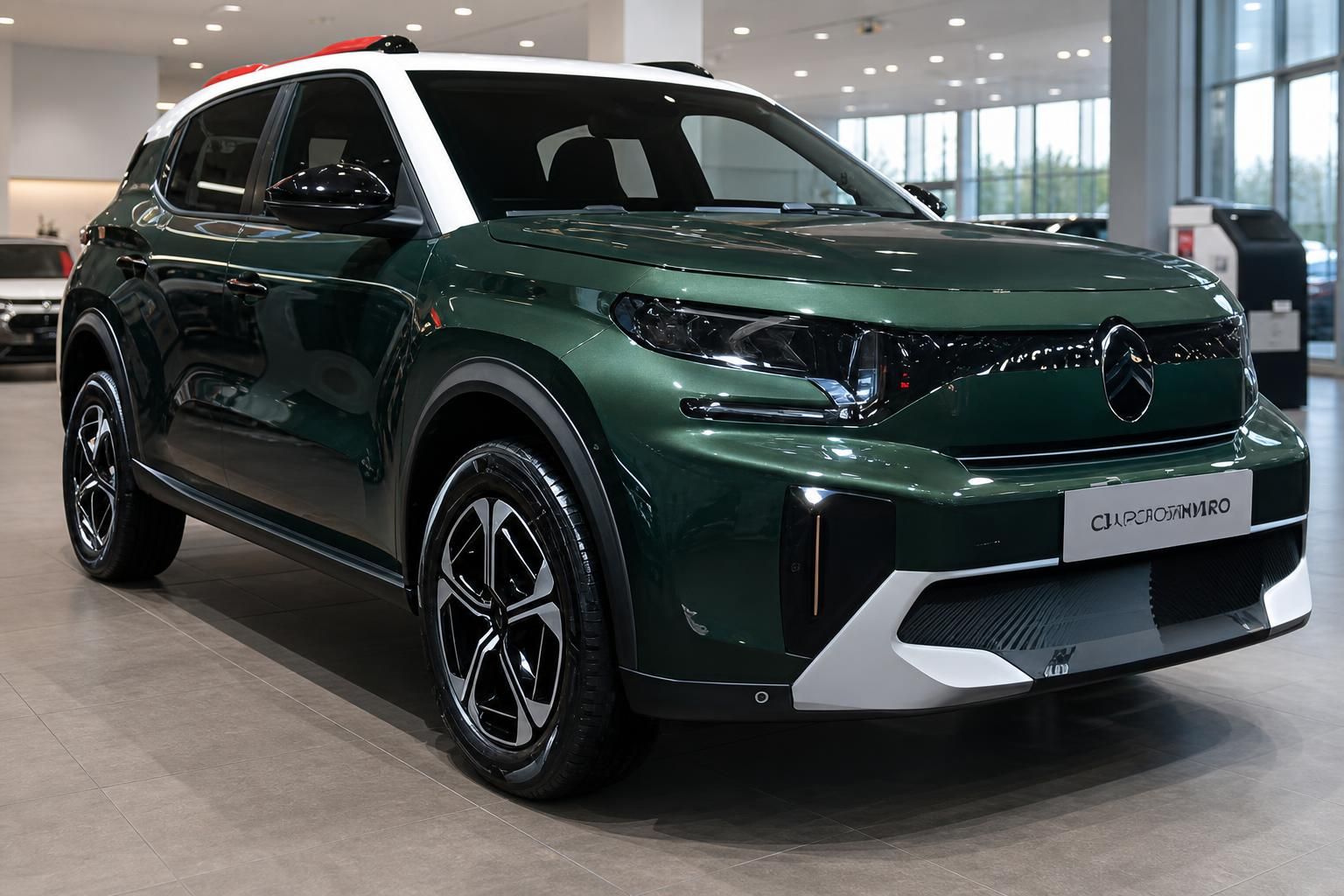 Citroen C3 Aircross gruen mit weissem Dach, Seitenansicht Schraeg