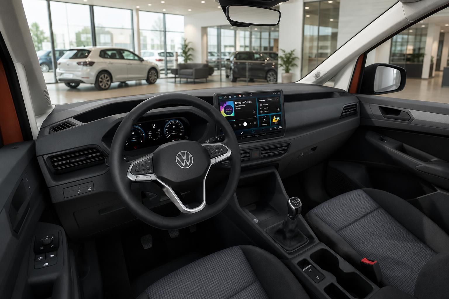 VW Nutzfahrzeug Cockpit mit Lenkrad und Touchscreen im Innenraum
