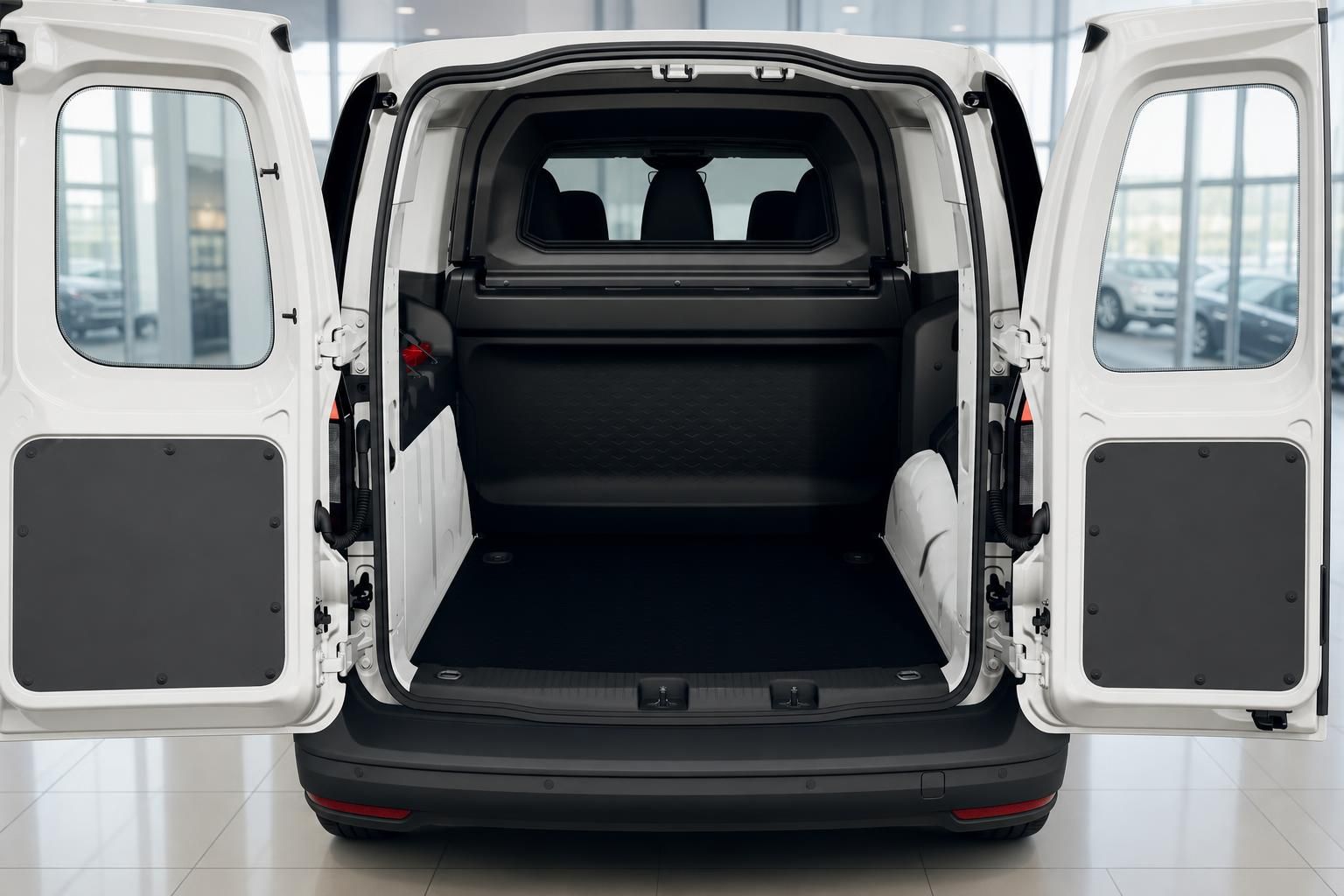 VW Caddy Kastenwagen weiß mit geöffneten Hecktüren und Laderaum