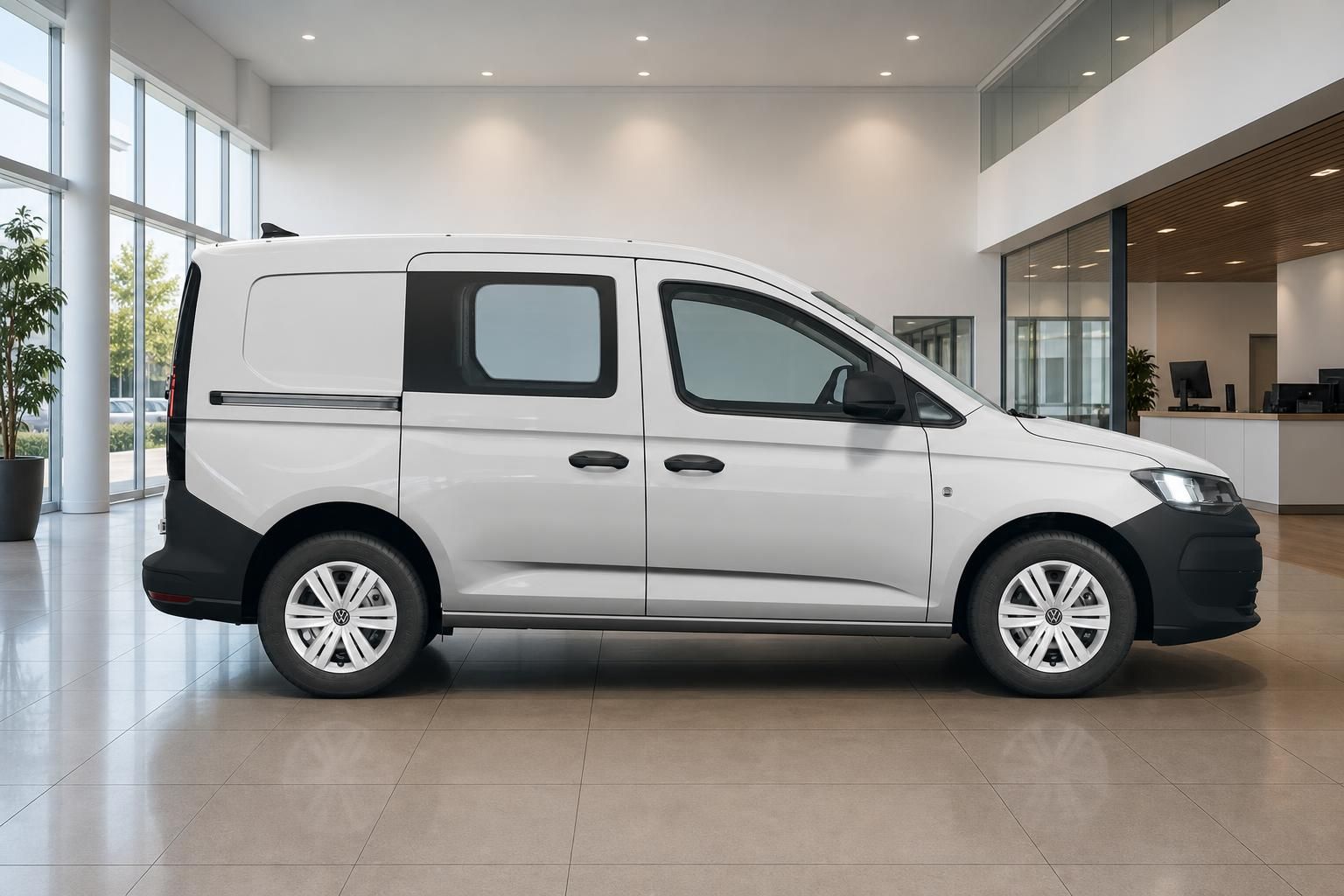 VW Caddy weiß Seitenansicht im modernen Autohaus Showroom