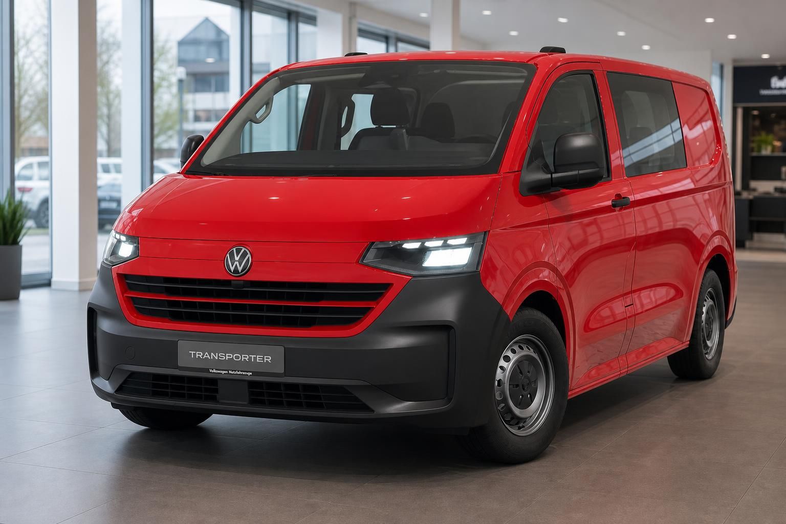 VW Transporter rot Frontansicht im Autohaus Showroom