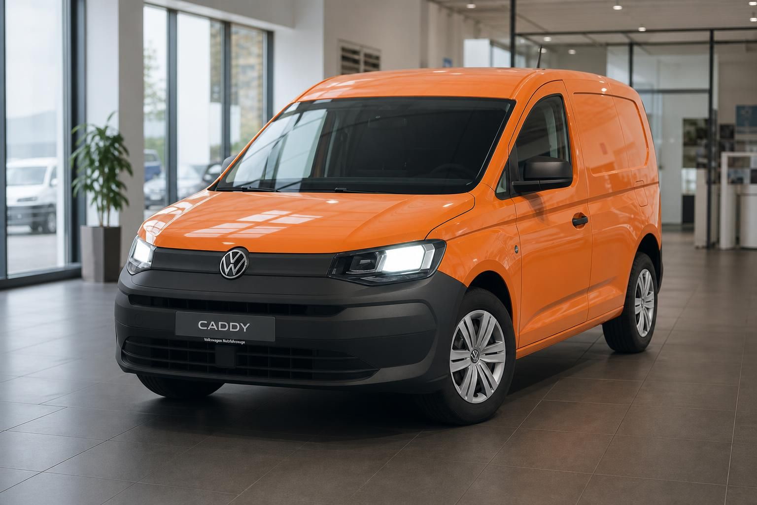 VW Caddy Kastenwagen in Orange, Frontansicht im Autohaus