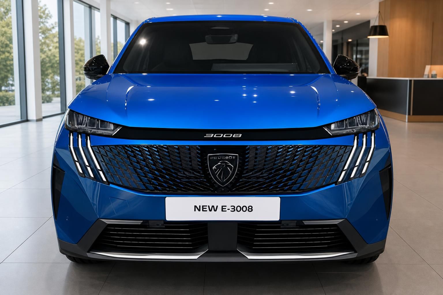 Peugeot E-3008 in Blau, Frontansicht mit Kuehlergrill im Showroom