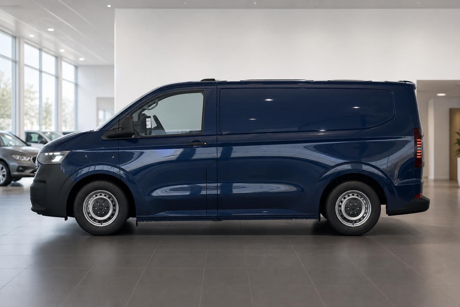 VW Transporter blau Seitenansicht im Autohaus Showroom