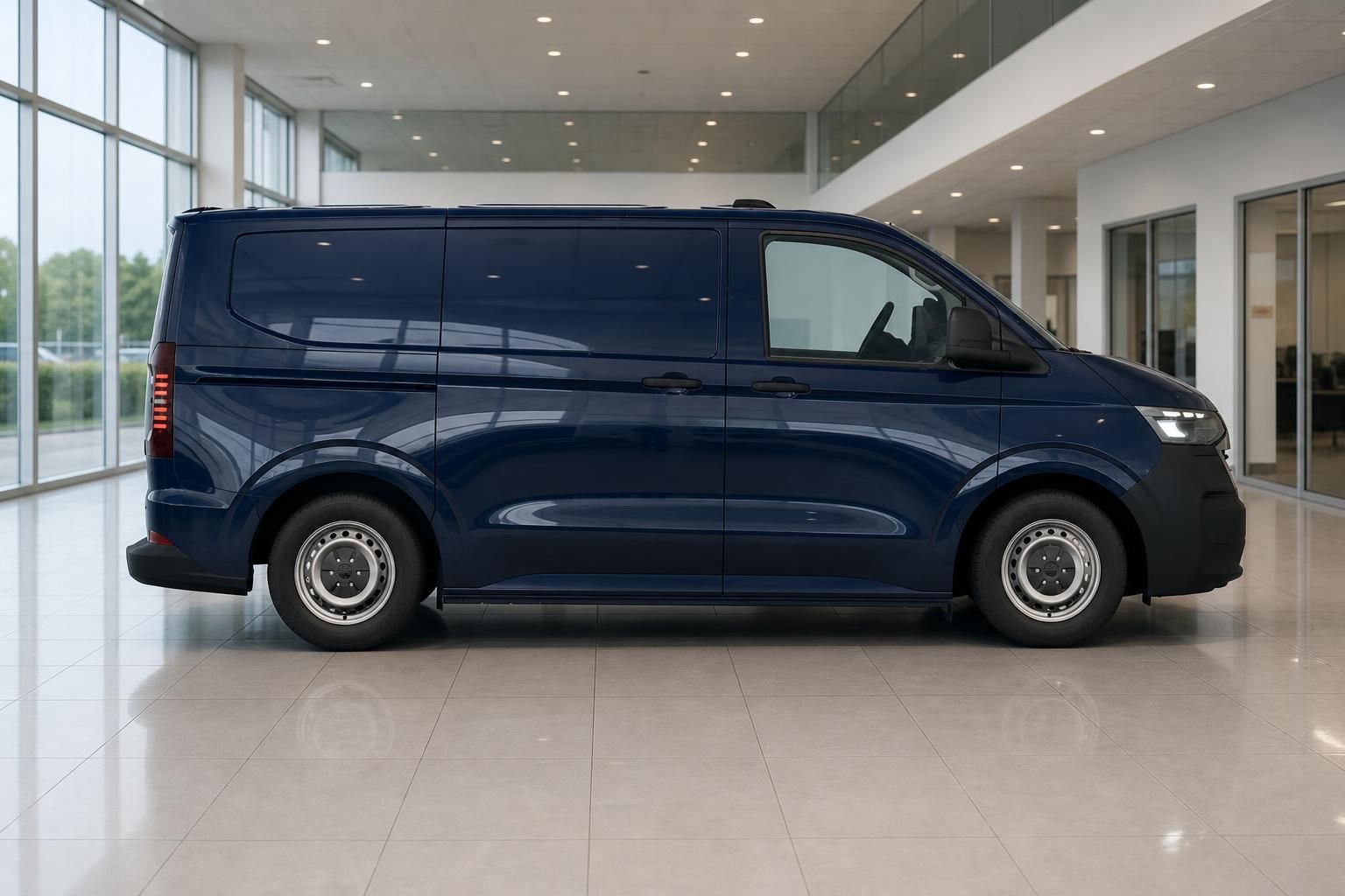 VW Transporter dunkelblau Seitenansicht in moderner Ausstellung