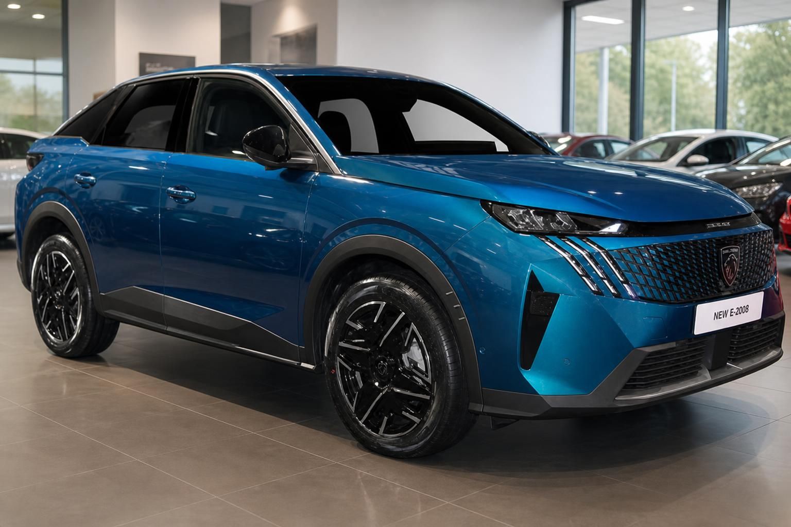Peugeot E-2008 blau metallic, Frontansicht schräg im Autohaus-Showroom