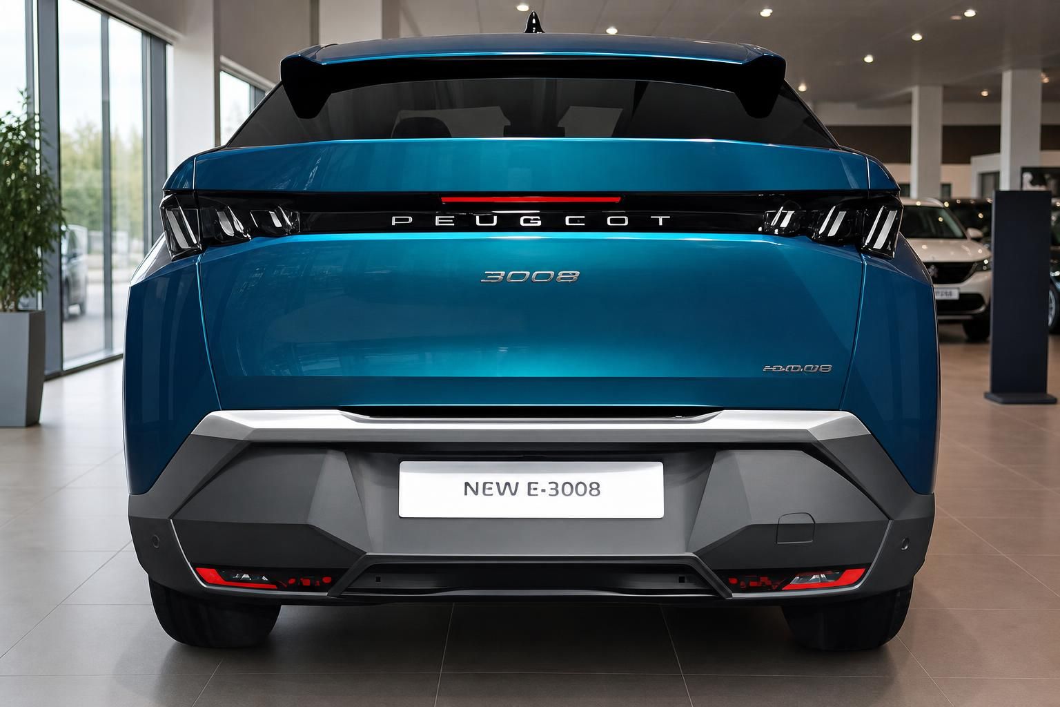 Peugeot E-3008 blau, Heckansicht mit LED-Leuchtband im Showroom