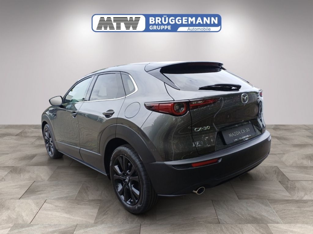 Mazda CX-30 grau metallic, seitliche Heckansicht im Autohaus