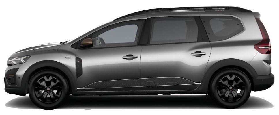Dacia Jogger Seitenansicht in Grau metallic mit schwarzen Felgen im Autohaus Showroom
