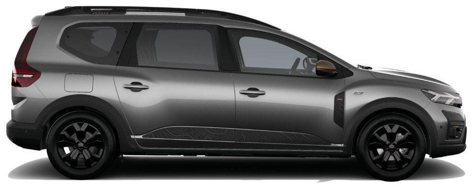 Dacia Jogger in Grau metallic Seitenansicht im Autohaus Showroom mit schwarzen Felgen