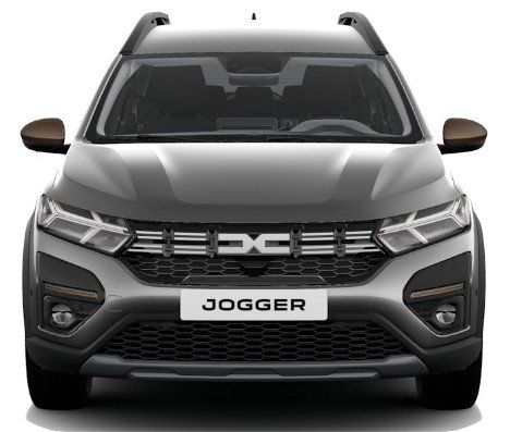 Dacia Jogger Frontansicht grau im Autohaus Showroom mit DC Logo und Nebelscheinwerfern