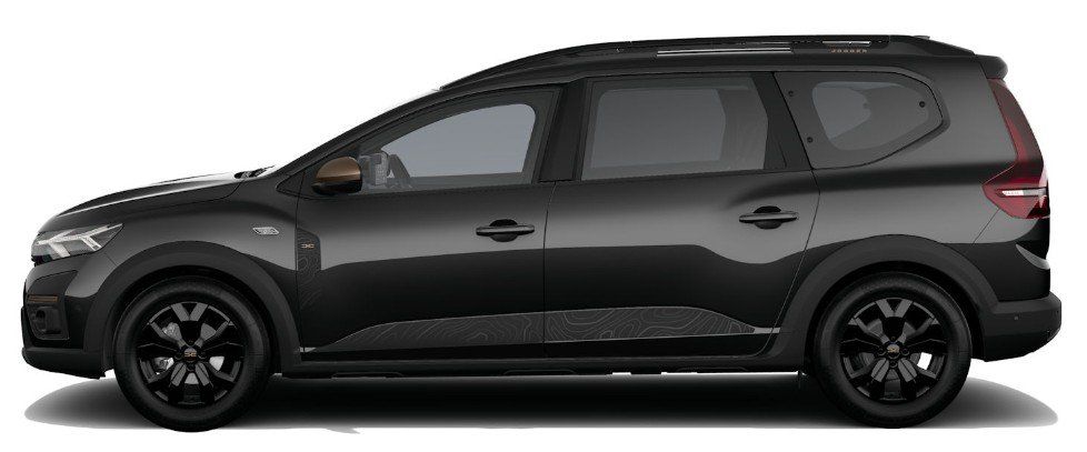 Schwarzer Dacia Jogger Seitenansicht im Showroom mit schwarzen Felgen und Dachreling