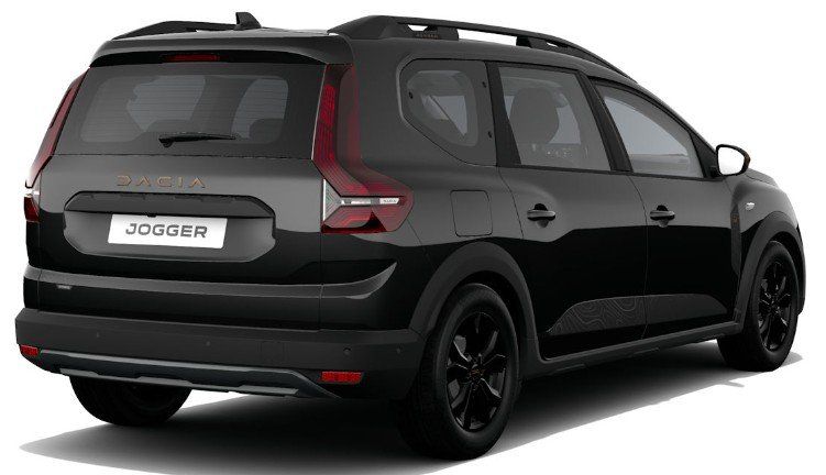 Schwarzer Dacia Jogger Heckansicht im Autohaus Showroom mit dunklen Felgen
