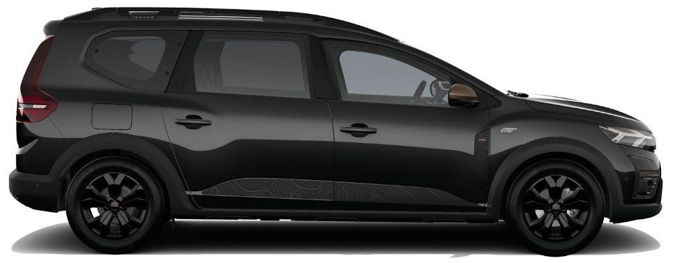 Schwarzer Dacia Jogger Seitenansicht im Autohaus mit schwarzen Felgen