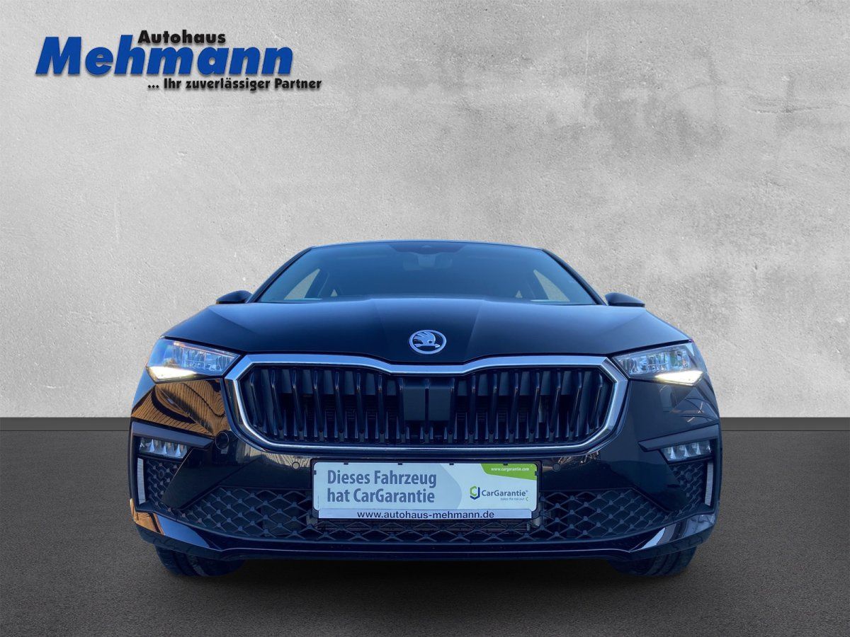 Skoda Scala schwarz Frontansicht mit CarGarantie Hinweis