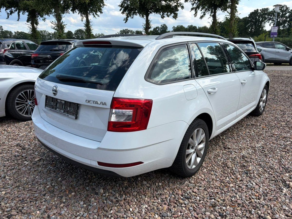 Skoda Octavia Combi weiß Heckansicht auf Kiesparkplatz