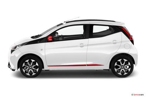 Weißer Toyota Aygo Kleinwagen Seitenansicht mit roten Akzenten