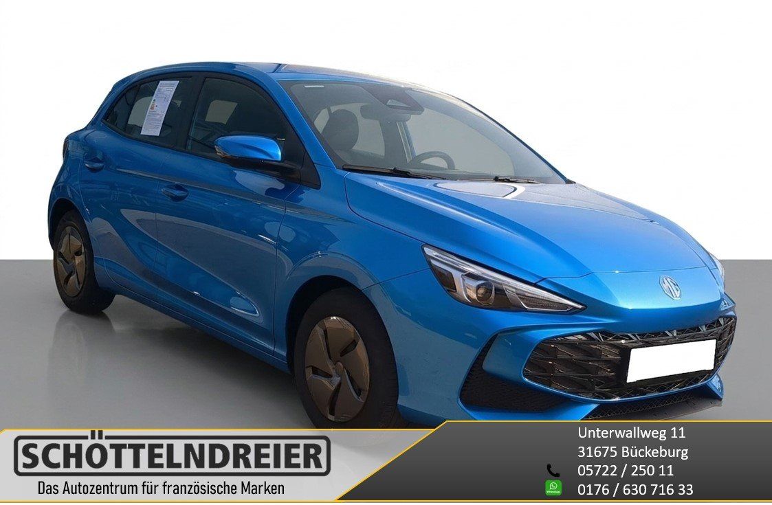 MG3 blau, Frontansicht schräg, Gebrauchtwagen beim Händler
