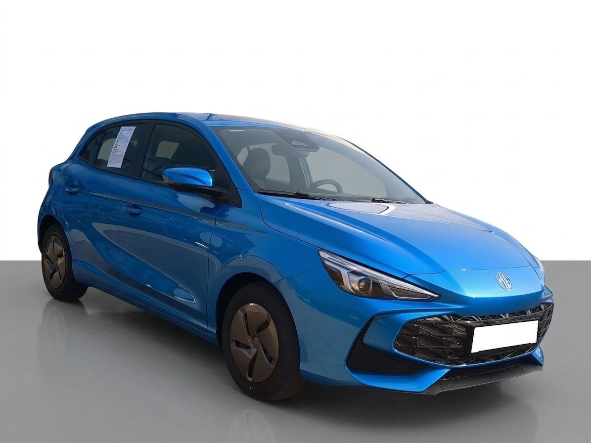 MG Kleinwagen in Blau, Frontansicht mit Leichtmetallfelgen
