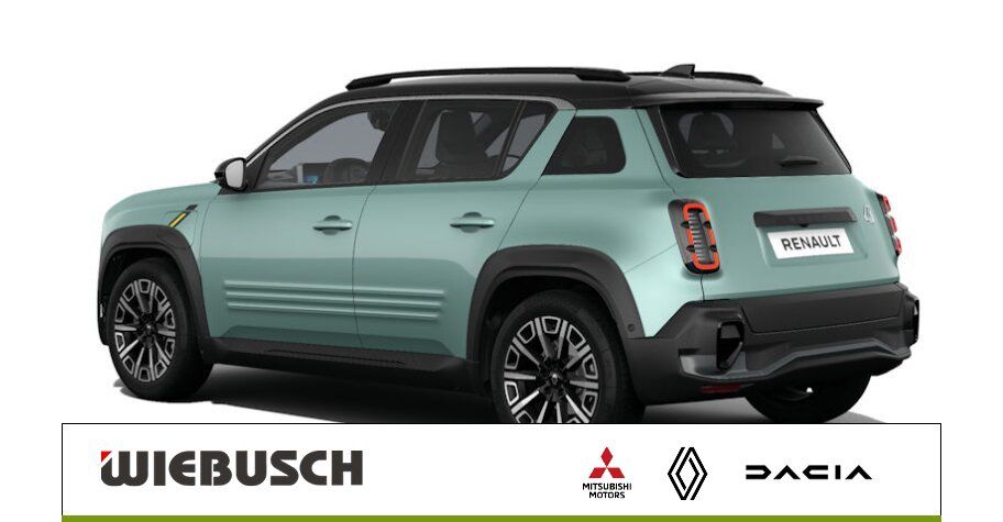 Renault 4 E-Tech in Grün, Heckansicht schräg, Kompakt-SUV