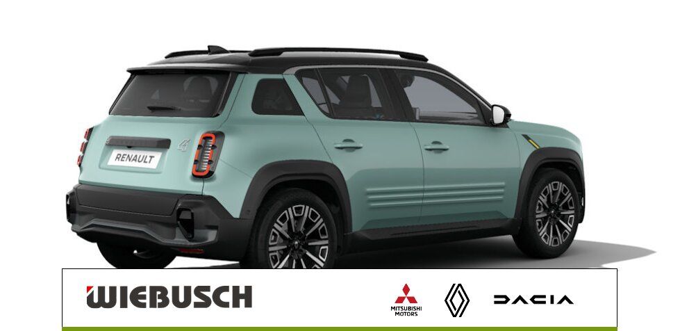 Renault 4 E-Tech Mintgruen, Heckansicht mit Alufelgen bei Wiebusch